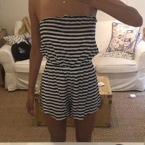 Navy and White Striped Strapless Romper